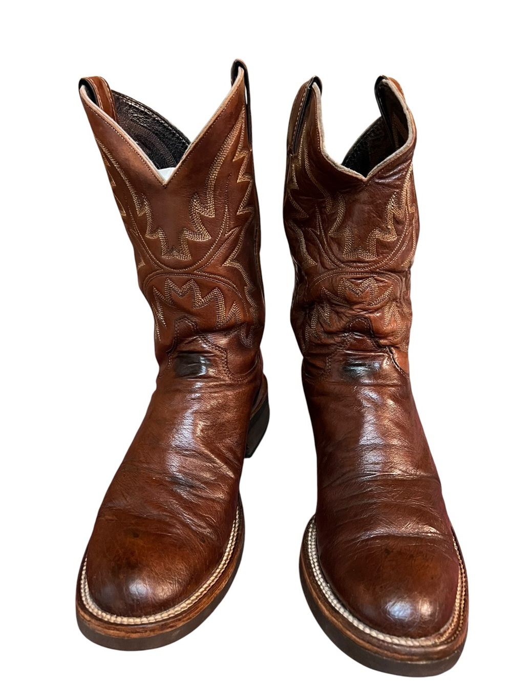 Justin Boots Brown Leather Cowboy Boots with Embroidered Shaft